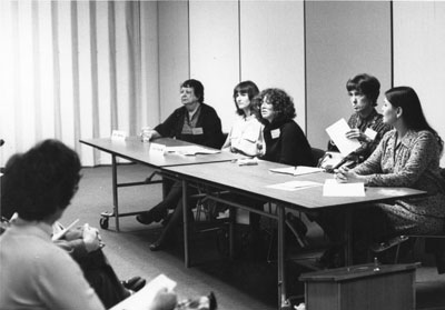 A panel of five female speakers at the Women Aware Conference