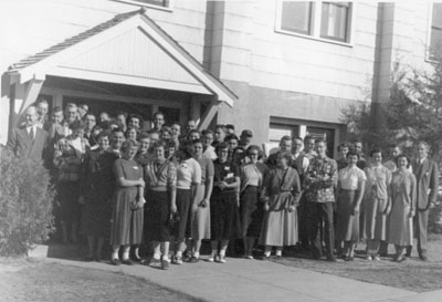 Students outside of Rock Haven Presbyterian Camp during Religious Emphasis Week, 1952