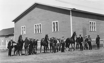 Groups of men admiring horses.