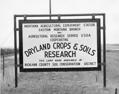 Dryland crops and soils research sign at the Sidney experiment station.