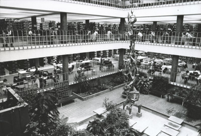 Renne Library interior taken from the second floor, including the sculpture "Fire Formed Sentinel." 1966