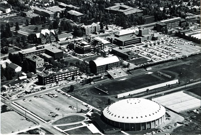 Aerial view of Montana State University campus taken from the southwest, 1965