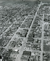 Aerial photo with a view of downtown Bozeman, taken from the east looking west, 1960