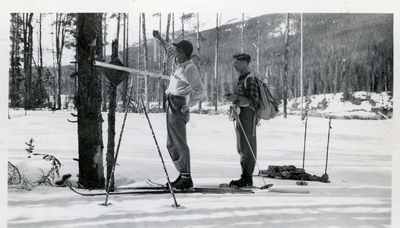 Two men on skis in Hyalite Canyon, 1945