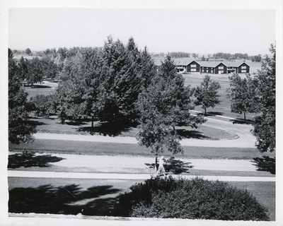 Campus view with barracks in the background