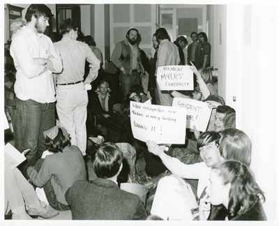 Group of students at sit-in at Montana Hall, 1970