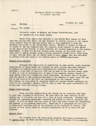 America Eats - Editorial Report on State Copy