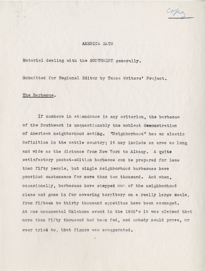 America Eats - General Notes- Material for Southwest - The Barbecue