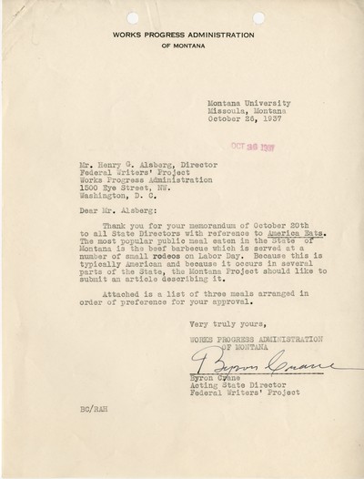 America Eats - Correspondence - Acting State Director Federal Writers' Project to Director of Federal Writers' Project Works Progress Administration