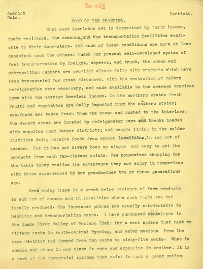 America Eats - Field Research Materials - W. A. Bartlett - Food of the Frontier