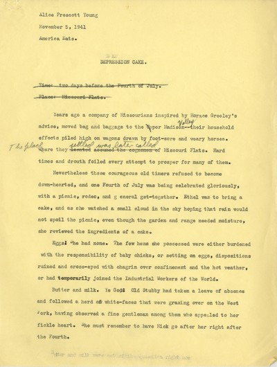 America Eats - General Essays - Alice Prescott Young - Depression Cake