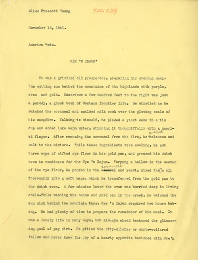 America Eats - Field Research Materials - Alice Prescott Young - Rye 