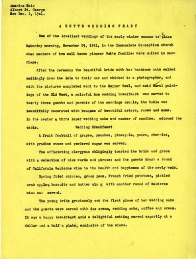 America Eats - General Essays - A Butte Wedding Feast - Draft Copy