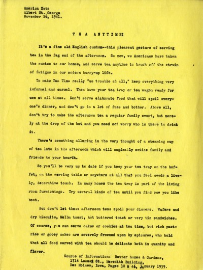 America Eats - General Essays - Tea Anytime!