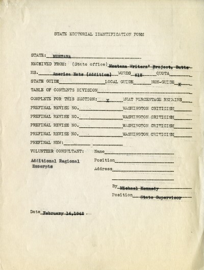 America Eats - Editorial Report - State Editorial Identification Form