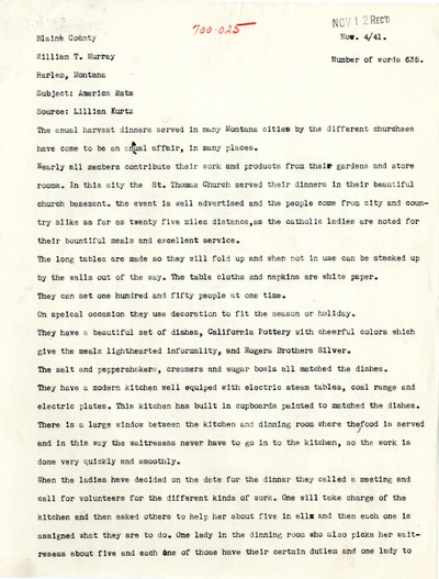 America Eats - Rejected Field Materials - William T. Murray - Annual Harvest Dinners