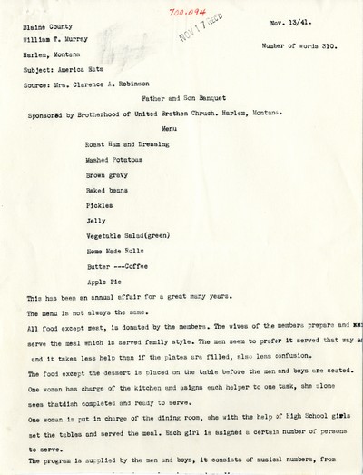 America Eats - Rejected Field Materials - William T. Murray - Father and Son Banquet