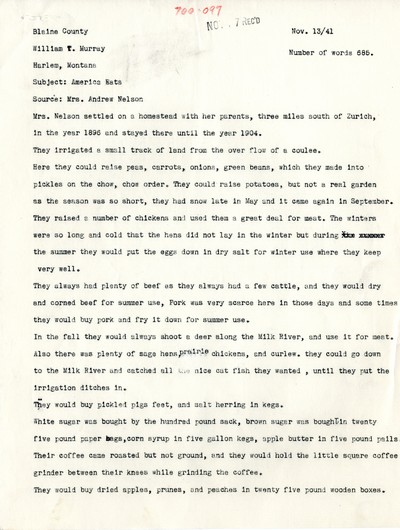 America Eats - Rejected Field Materials - William T. Murray - Mrs. Andrew Nelson