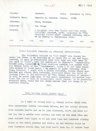 America Eats - Rejected Field Materials - Wayndle R. Johnson - Ice Cream