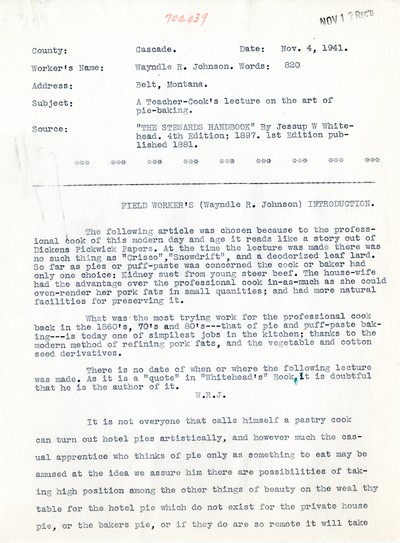 America Eats - Rejected Field Materials - Wayndle R. Johnson - The Art of Pie Baking