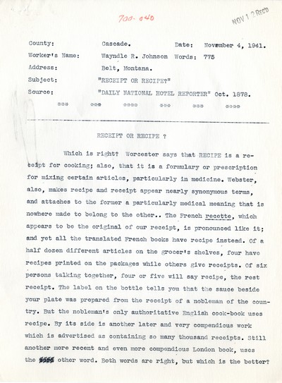 America Eats - Rejected Field Materials - Wayndle R. Johnson - Receipt or Recipe?