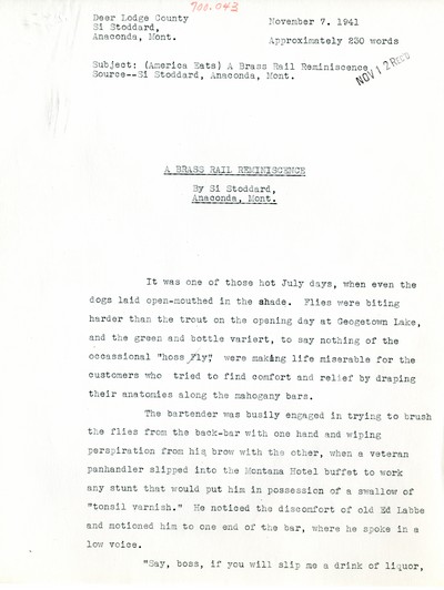 America Eats - Rejected Field Materials - Si Stoddard - A Brass Rail Reminiscence