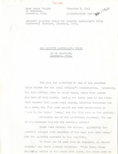 America Eats - Rejected Field Materials - Si Stoddard - Cow Country Bartender