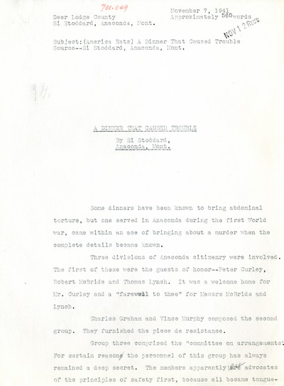 America Eats - Rejected Field Materials - Si Stoddard - A Dinner That Caused Trouble