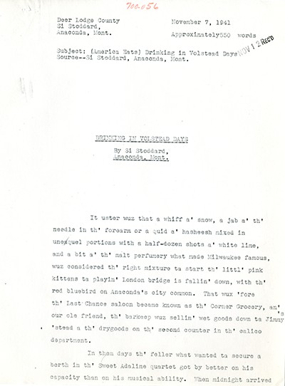 America Eats - Rejected Field Materials - Si Stoddard - Drinking In Volstead Days