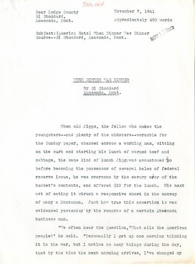 America Eats - Rejected Field Materials - Si Stoddard - When Dinner Was Dinner