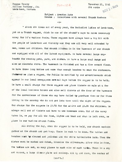 America Eats -Rejected Field Materials - William Buchanan, Jr. - Lewistown Methodist Ladies