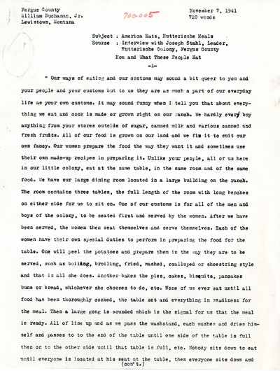 America Eats -Rejected Field Materials - William Buchanan, Jr. - Hutterische Colony Meals