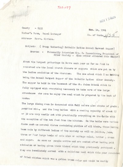 America Eats - Rejected Field Materials - Hazel Loranger - Catholic Ladies Annual Harvest Supper