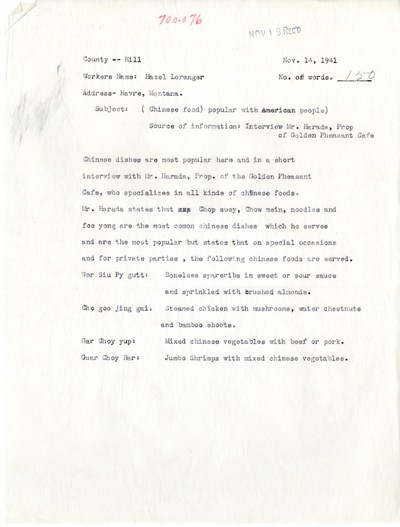 America Eats - Rejected Field Materials - Hazel Loranger - Chinese Food