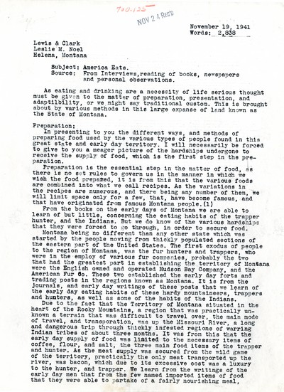 America Eats - Rejected Field Materials - Leslie M. Noel - Eating habits in Early Montana