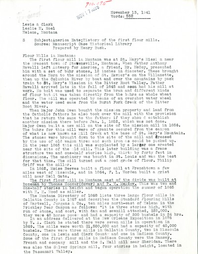 America Eats - Rejected Field Materials - Leslie M. Noel - History of the first flour mills