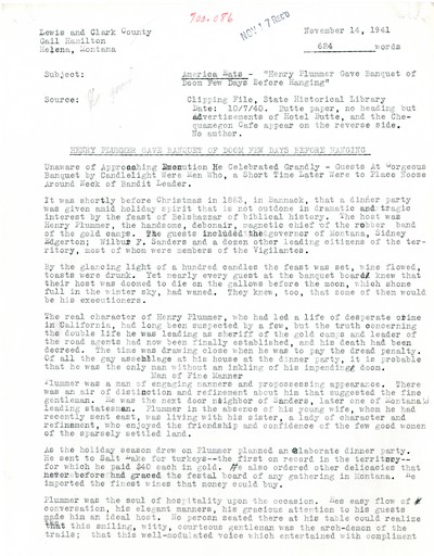 America Eats - Rejected Field Materials - Gail Hamilton - Henry Plummer Gave Banquet of Doom Few Days Before Hanging