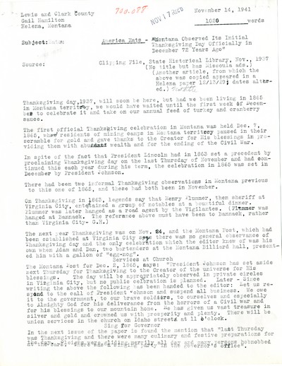 America Eats - Rejected Field Materials - Gail Hamilton - Montana Observed Its Initial Thanksgiving Day Officially in December 72 Years Ago