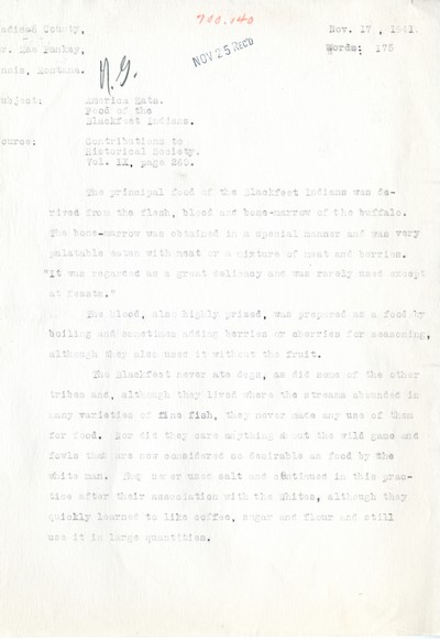 America Eats - Rejected Field Materials - Anna M. Pankey - Food of the Blackfeet Indians