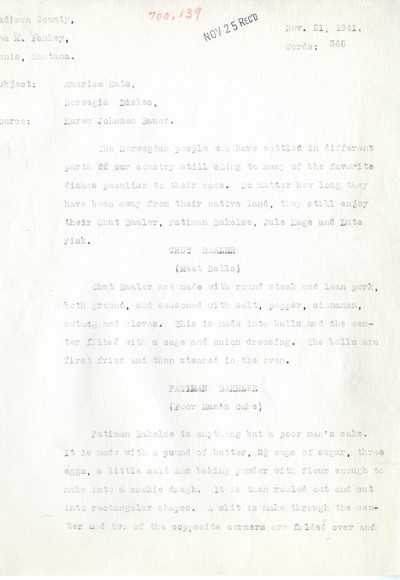 America Eats - Rejected Field Materials - Anna M. Pankey - Norwegian Dishes