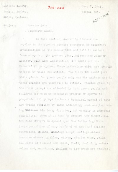 America Eats - Rejected Field Materials - Anna M. Pankey - Community Lunch/Dinner