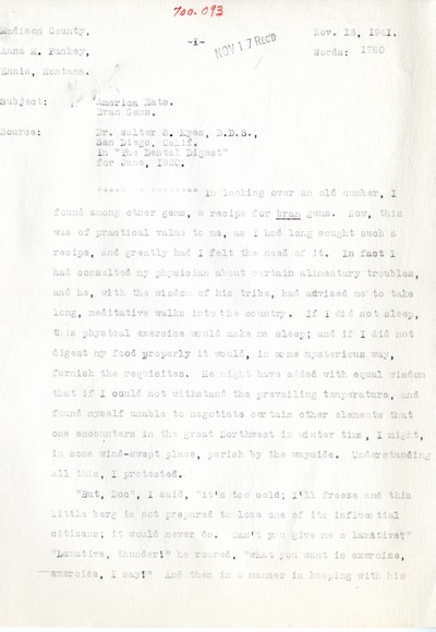 America Eats - Rejected Field Materials - Anna M. Pankey - Bran Gems