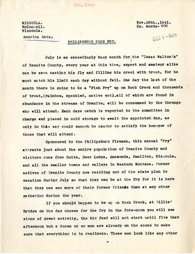 America Eats - Rejected Field Materials - McConnell - Philipsburg Fish Fry