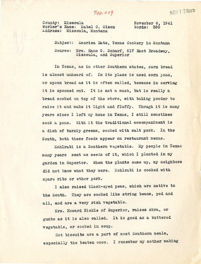 America Eats - Rejected Field Materials - Mabel C. Olson - Texas Cookery in Montana