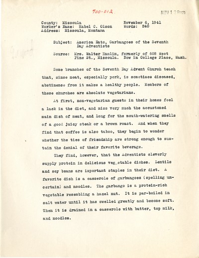 America Eats - Rejected Field Materials - Mabel C. Olson - Garbangoes of the Seventh Day Adventists