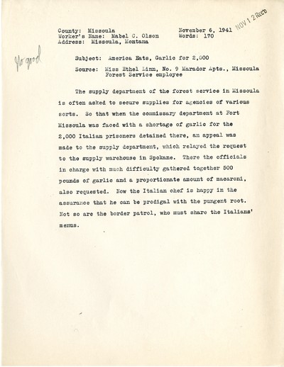 America Eats - Rejected Field Materials - Mabel C. Olson - Garlic for 2,000