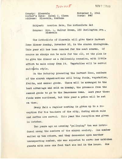 America Eats - Rejected Field Materials - Mabel C. Olson - The Methodists Eat