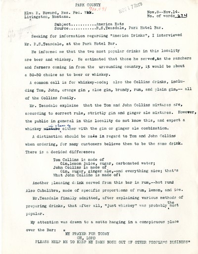 America Eats - Rejected Field Materials - Elva R. Howard - America Drinks