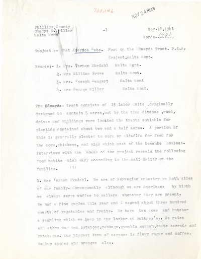 America Eats - Rejected Field Materials - Gladys W. Miller - Food on the Edwards Tract