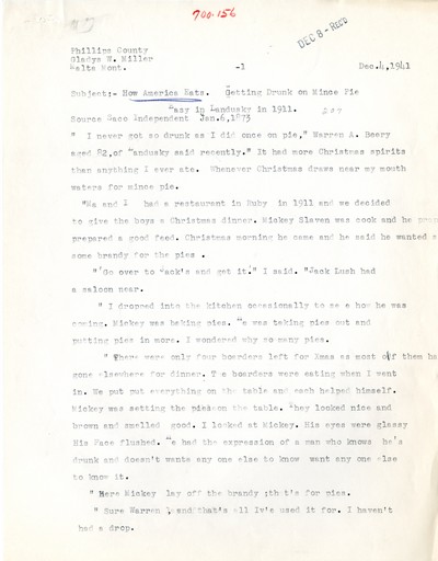 America Eats - Rejected Field Materials - Gladys W. Miller - Getting Drunk on Mince Pie
